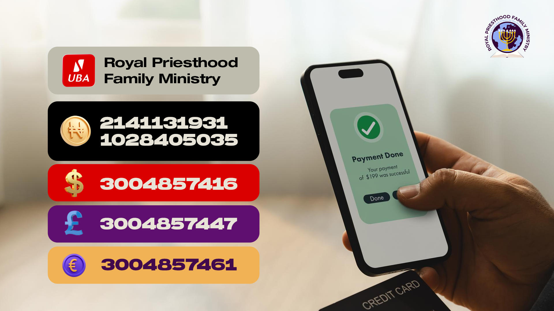 Royal Priesthood Family Ministry UBA giving accounts — Naira 2141131931 and 1028405035, USD 3004857416, GBP 3004857447, EUR 3004857461